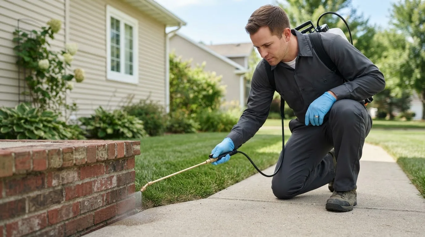 Pest control technician treating a home near Merrimac, MA