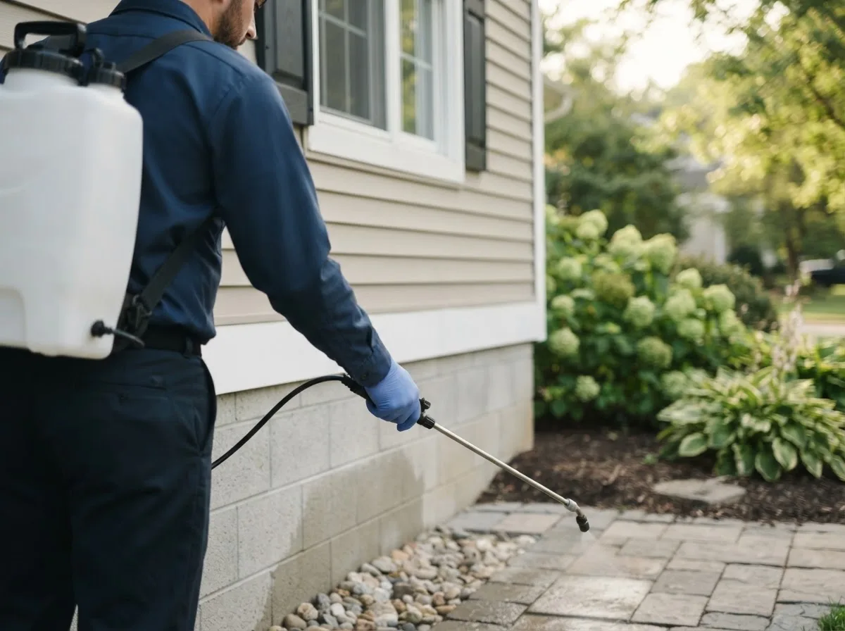 Pest control technician inspecting a home in Merrimac, MA